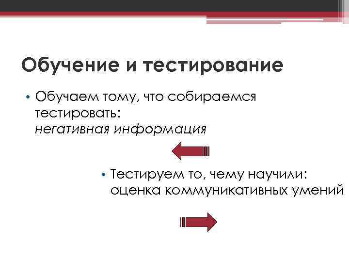 Обучение и тестирование • Обучаем тому, что собираемся тестировать: негативная информация • Тестируем то,