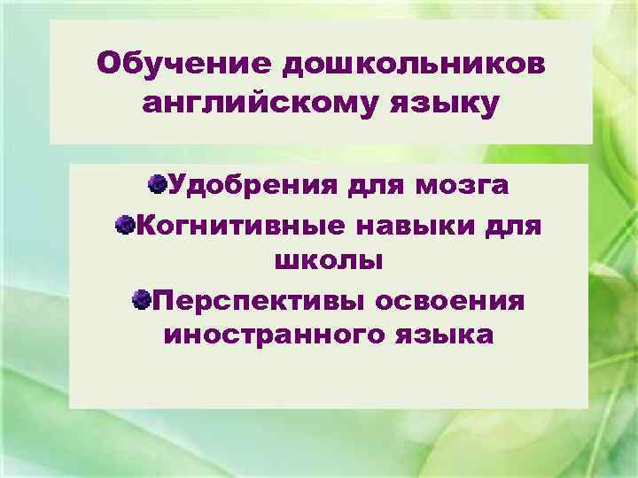 Обучение дошкольников английскому языку Удобрения для мозга Когнитивные навыки для школы Перспективы освоения иностранного