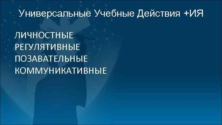 Универсальные Учебные Действия +ИЯ ЛИЧНОСТНЫЕ РЕГУЛЯТИВНЫЕ ПОЗАВАТЕЛЬНЫЕ КОММУНИКАТИВНЫЕ 