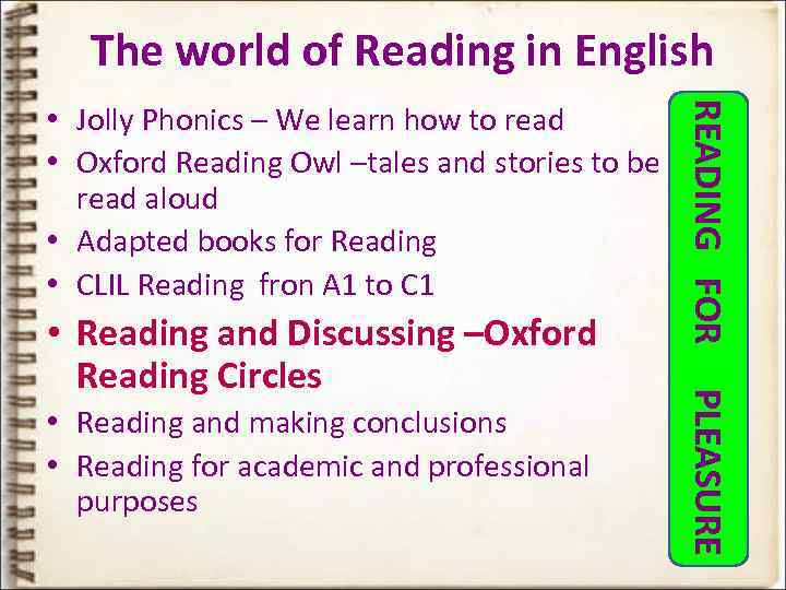 The world of Reading in English • Reading and making conclusions • Reading for