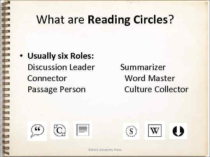 What are Reading Circles? • Usually six Roles: Discussion Leader Connector Passage Person Summarizer