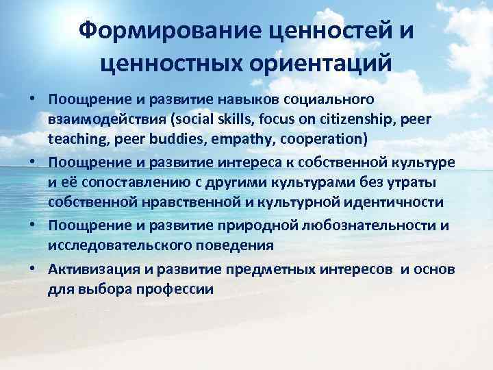 Формирование ценностей и ценностных ориентаций • Поощрение и развитие навыков социального взаимодействия (social skills,