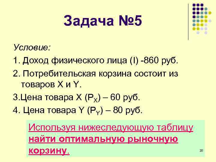 Задача № 5 Условие: 1. Доход физического лица (I) -860 руб. 2. Потребительская корзина