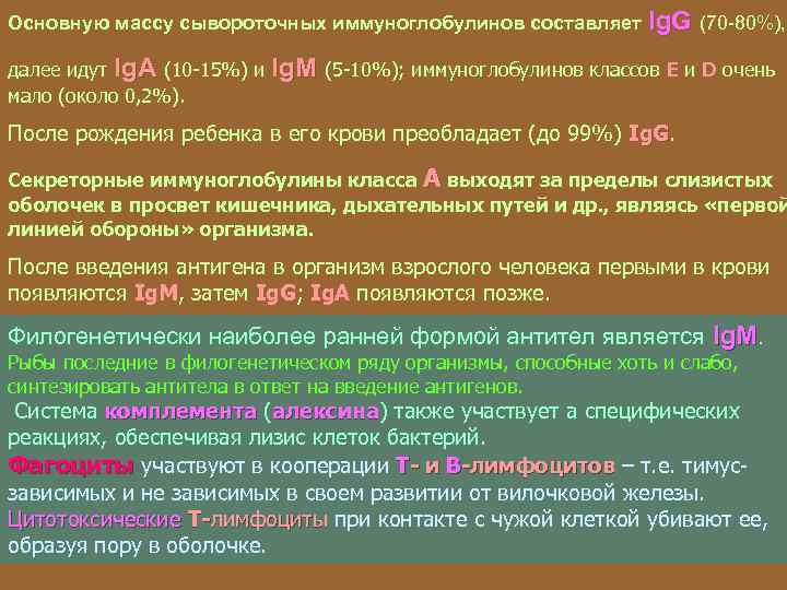 Основную массу сывороточных иммуноглобулинов составляет далее идут Ig. A (10 -15%) и мало (около