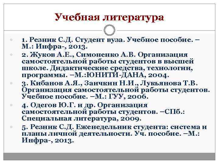 Учебная литература 1. Резник С. Д. Студент вуза. Учебное пособие. – М. : Инфра-,