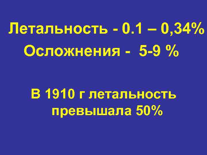 Летальность - 0. 1 – 0, 34% Осложнения - 5 -9 % В 1910