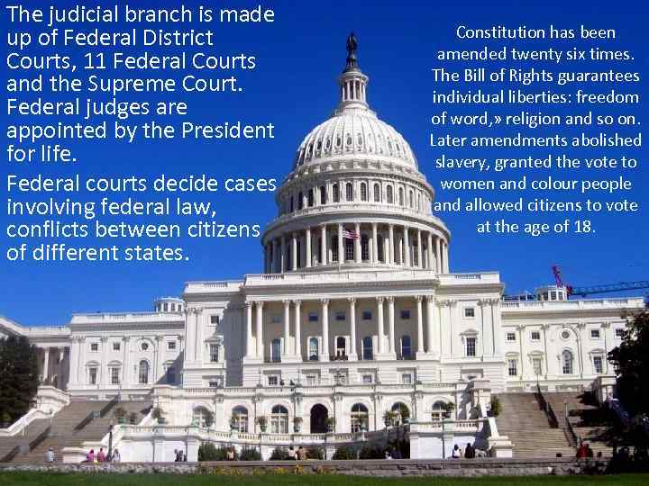 The judicial branch is made up of Federal District Courts, 11 Federal Courts and