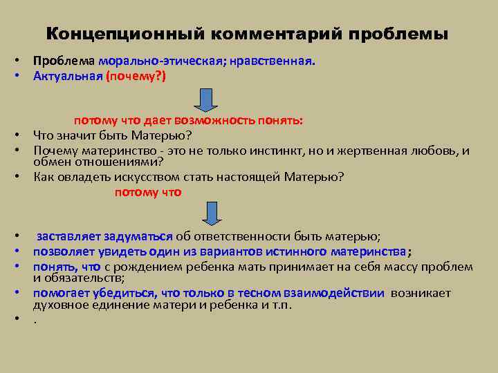 Концепционный комментарий проблемы • Проблема морально-этическая; нравственная. • Актуальная (почему? ) потому что дает