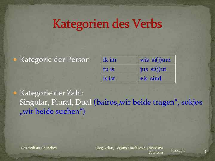 Kategorien des Verbs Kategorie der Person ik im wis si(j)um tu is jus si(j)ut