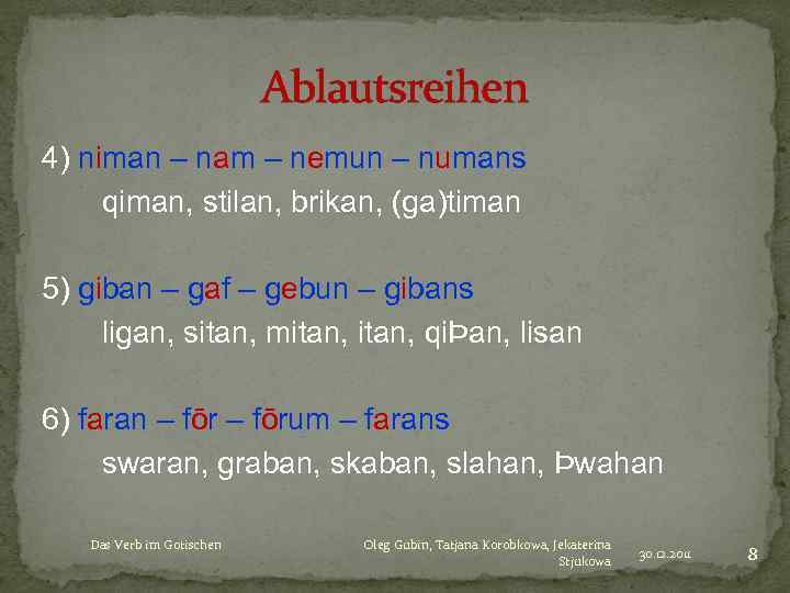 Ablautsreihen 4) niman – nam – nemun – numans qiman, stilan, brikan, (ga)timan 5)
