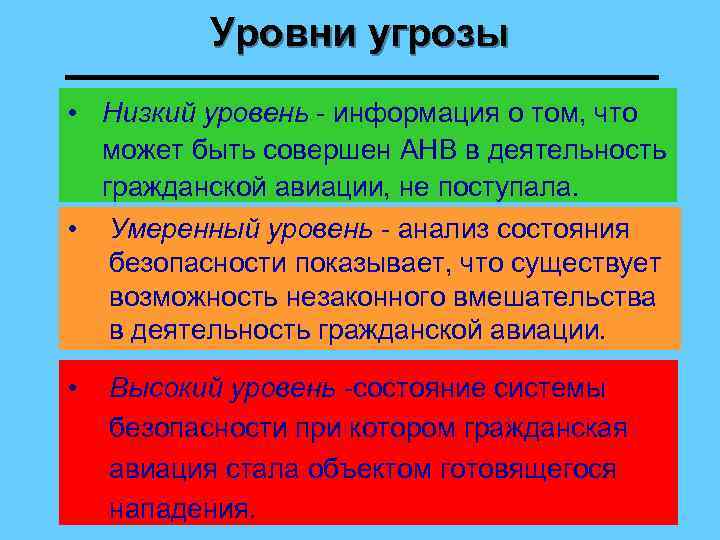 Уровни угрозы • Низкий уровень - информация о том, что может быть совершен АНВ