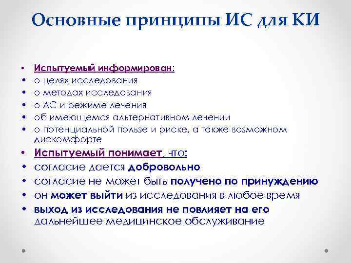 Основные принципы ИС для КИ • • • Испытуемый информирован: о целях исследования о
