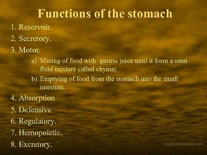 Functions of the stomach 1. Reservoir. 2. Secretory. 3. Motor. a) Mixing of food