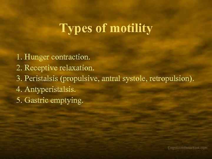 Types of motility 1. Hunger contraction. 2. Receptive relaxation. 3. Peristalsis (propulsive, antral systole,