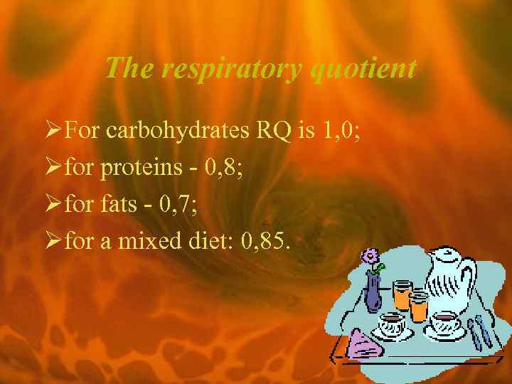 The respiratory quotient ØFor carbohydrates RQ is 1, 0; Øfor proteins - 0, 8;