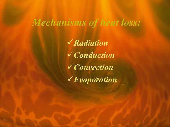 Mechanisms of heat loss: üRadiation üConduction üConvection üEvaporation 