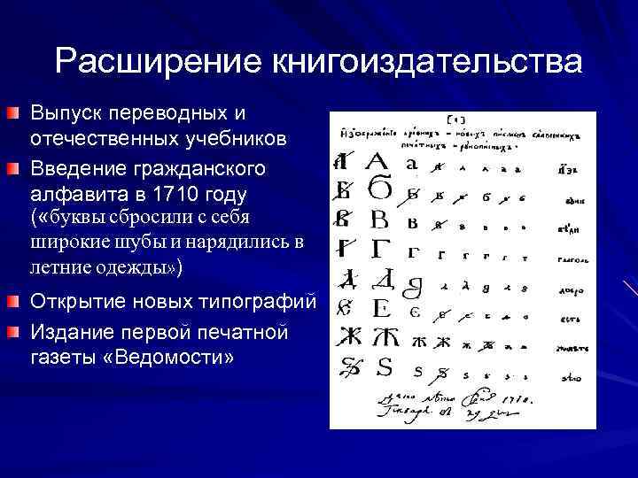Расширение книгоиздательства Выпуск переводных и отечественных учебников Введение гражданского алфавита в 1710 году (
