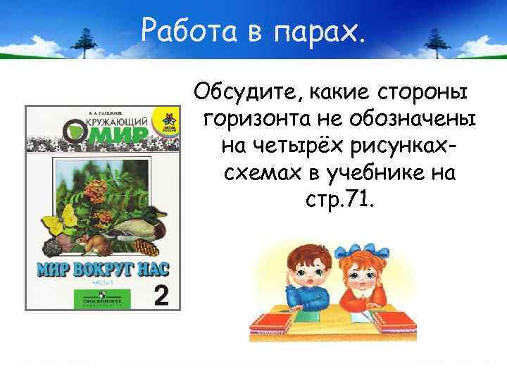 Работа в парах. Обсудите, какие стороны горизонта не обозначены на четырёх рисункахсхемах в учебнике