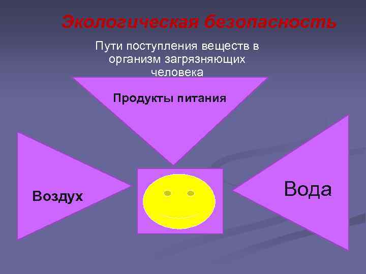 Экологическая безопасность Пути поступления веществ в организм загрязняющих человека Продукты питания Воздух Вода 
