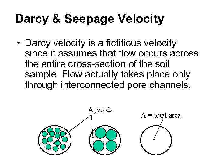 Darcy & Seepage Velocity • Darcy velocity is a fictitious velocity since it assumes