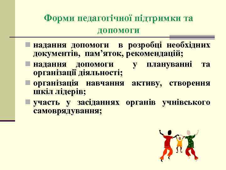 Форми педагогічної підтримки та допомоги n надання допомоги в розробці необхідних документів, пам’яток, рекомендацій;