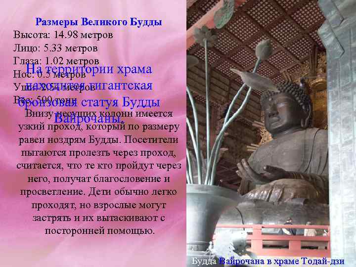 Размеры Великого Будды Высота: 14. 98 метров Лицо: 5. 33 метров Глаза: 1. 02