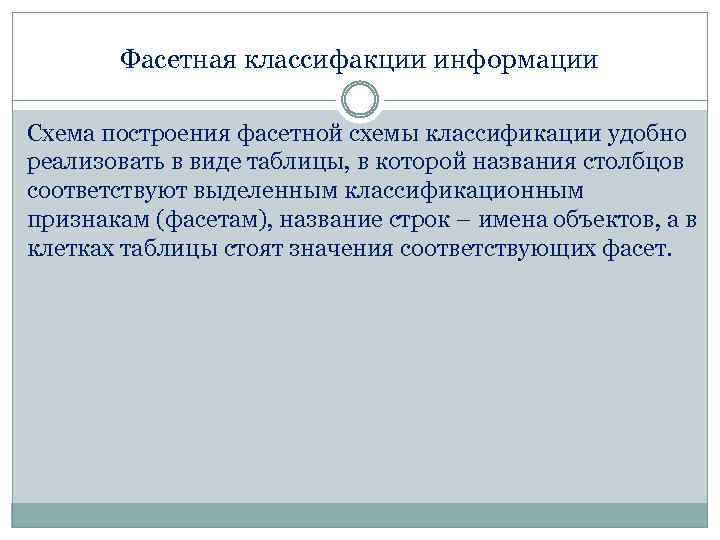 Фасетная классифакции информации Схема построения фасетной схемы классификации удобно реализовать в виде таблицы, в