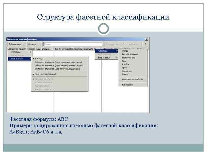 Структура фасетной классификации Фасетная формула: АВС Примеры кодированияс помощью фасетной классификации: А 4 В