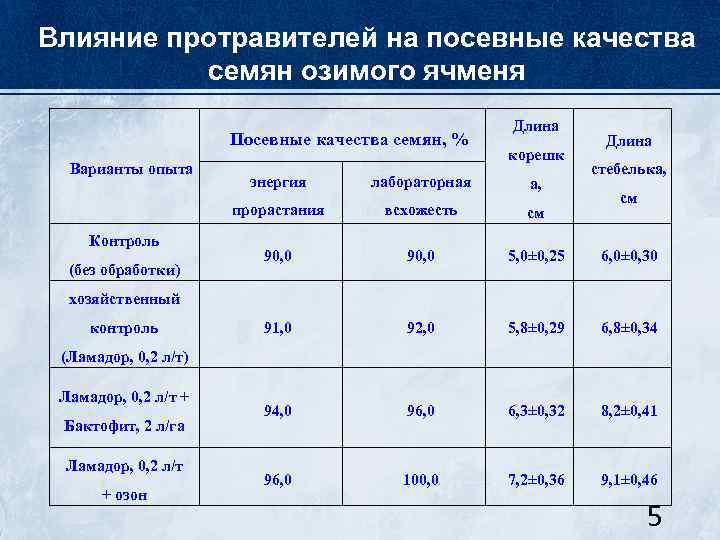 Влияние протравителей на посевные качества семян озимого ячменя Посевные качества семян, % Варианты опыта