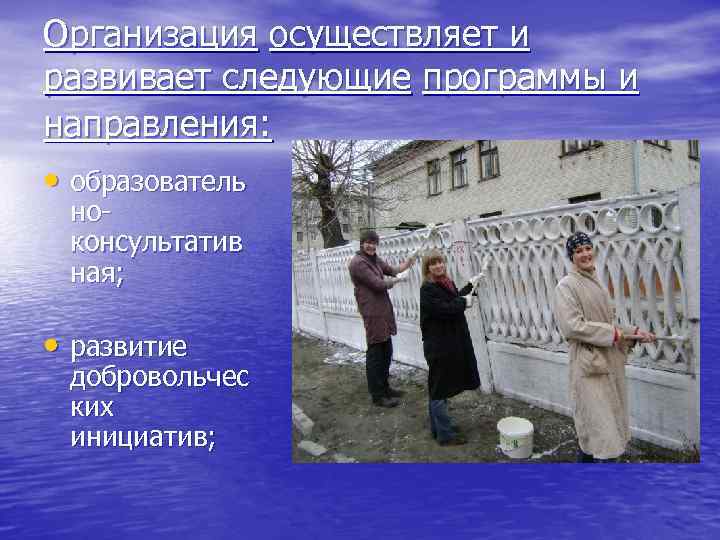 Организация осуществляет и развивает следующие программы и направления: • образователь ноконсультатив ная; • развитие