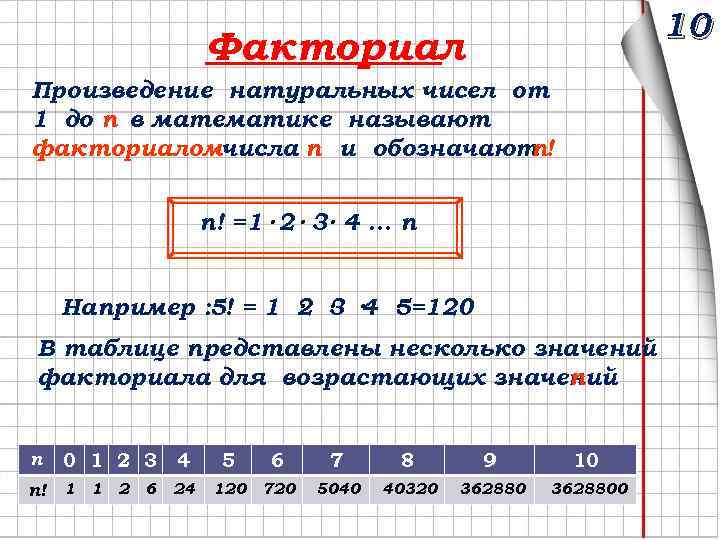 Чему равно произведение 5. Произведение натуральных чисел от 1 до n. Факториал натурального числа. ! В математике. Обозначение факториала в математике.