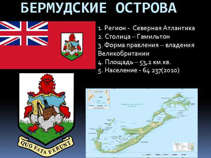 БЕРМУДСКИЕ ОСТРОВА 1. Регион - Северная Атлантика 2. Столица – Гамильтон 3. Форма правления