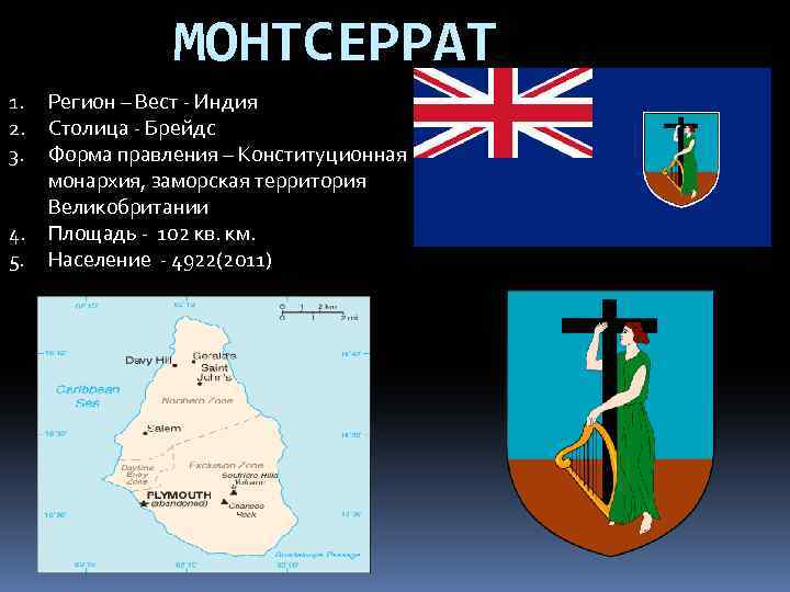 МОНТСЕРРАТ 1. 2. 3. 4. 5. Регион – Вест - Индия Столица - Брейдс