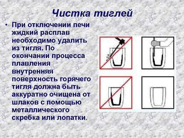 Чистка тиглей • При отключении печи жидкий расплав необходимо удалить из тигля. По окончании