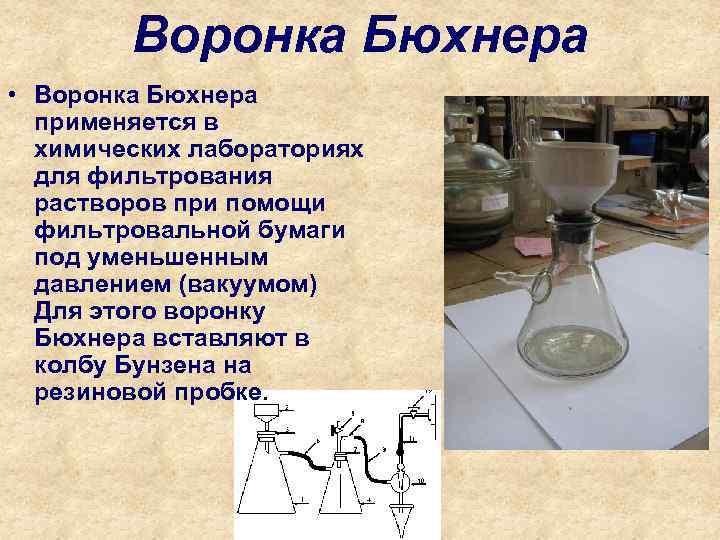 Воронка Бюхнера • Воронка Бюхнера применяется в химических лабораториях для фильтрования растворов при помощи