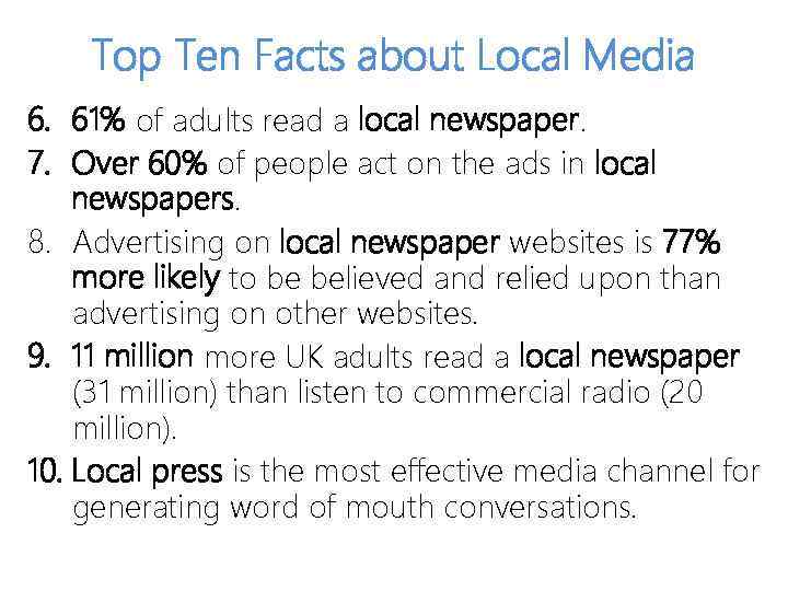 Top Ten Facts about Local Media 6. 61% of adults read a local newspaper.