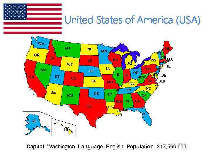 United States of America (USA) Capital: Washington, Language: English, Population: 317, 566, 000 