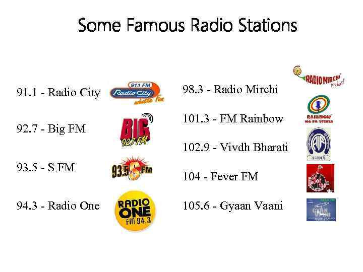 Some Famous Radio Stations 91. 1 - Radio City 92. 7 - Big FM