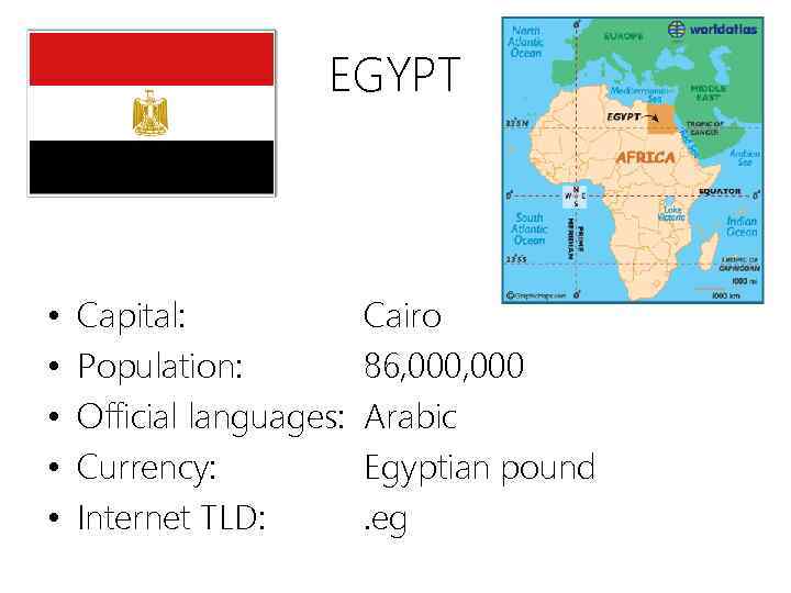 EGYPT • • • Capital: Population: Official languages: Currency: Internet TLD: Cairo 86, 000