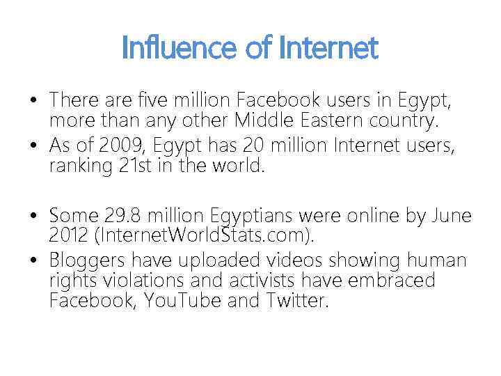 Influence of Internet • There are five million Facebook users in Egypt, more than