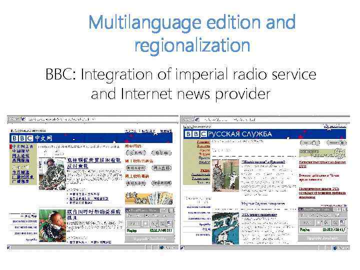 Multilanguage edition and regionalization BBC: Integration of imperial radio service and Internet news provider