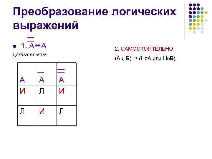 Преобразование логических выражений l 1. А А 2. САМОСТОЯТЕЛЬНО Доказательство (А и В) (Не.