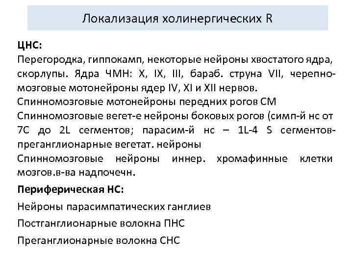 Локализация холинергических R ЦНС: Перегородка, гиппокамп, некоторые нейроны хвостатого ядра, скорлупы. Ядра ЧМН: Х,