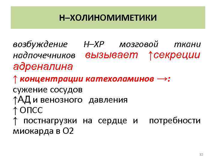 Н–ХОЛИНОМИМЕТИКИ возбуждение Н–ХР мозговой ткани надпочечников вызывает ↑секреции адреналина ↑ концентрации катехоламинов →: сужение