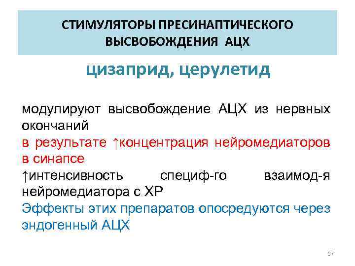 СТИМУЛЯТОРЫ ПРЕСИНАПТИЧЕСКОГО ВЫСВОБОЖДЕНИЯ АЦХ цизаприд, церулетид модулируют высвобождение АЦХ из нервных окончаний в результате