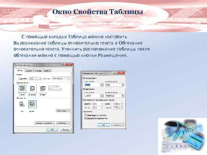 Окно Свойства Таблицы С помощью вкладки Таблица можно настроить Выравнивание таблицы относительно текста и