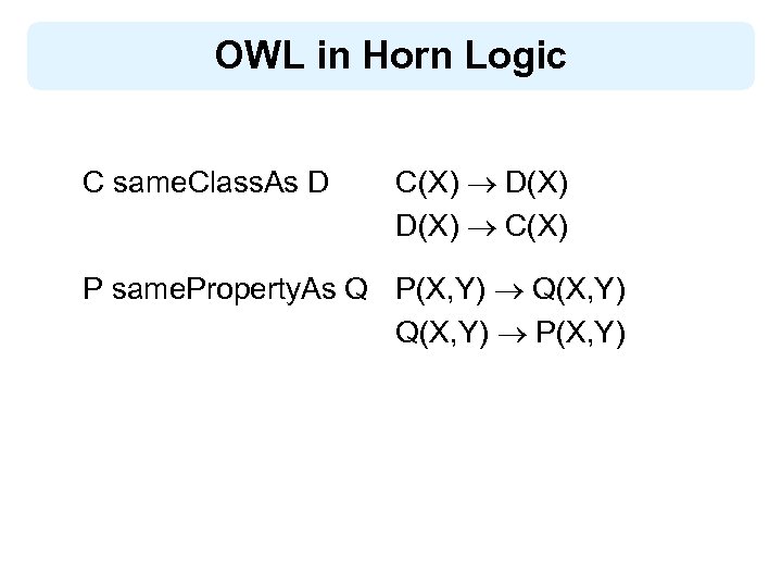 OWL in Horn Logic C same. Class. As D C(X) D(X) C(X) P same.