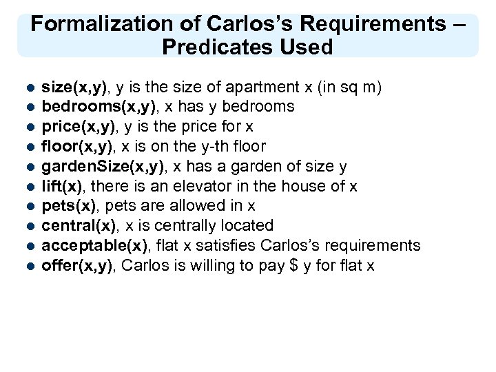 Formalization of Carlos’s Requirements – Predicates Used l l l l l size(x, y),