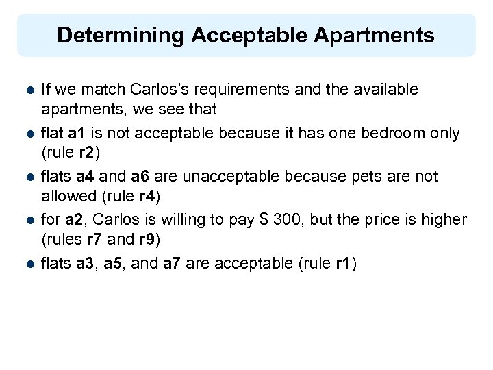 Determining Acceptable Apartments l l l If we match Carlos’s requirements and the available