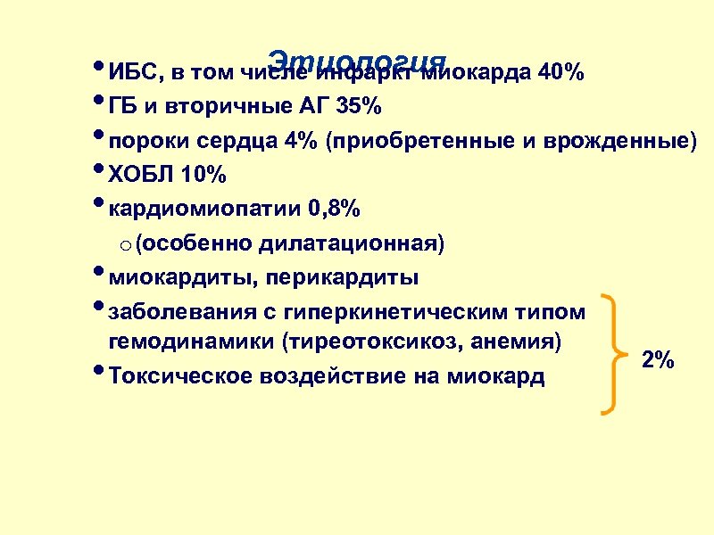 Этиология • ИБС, в том числе инфаркт миокарда 40% • ГБ и вторичные АГ